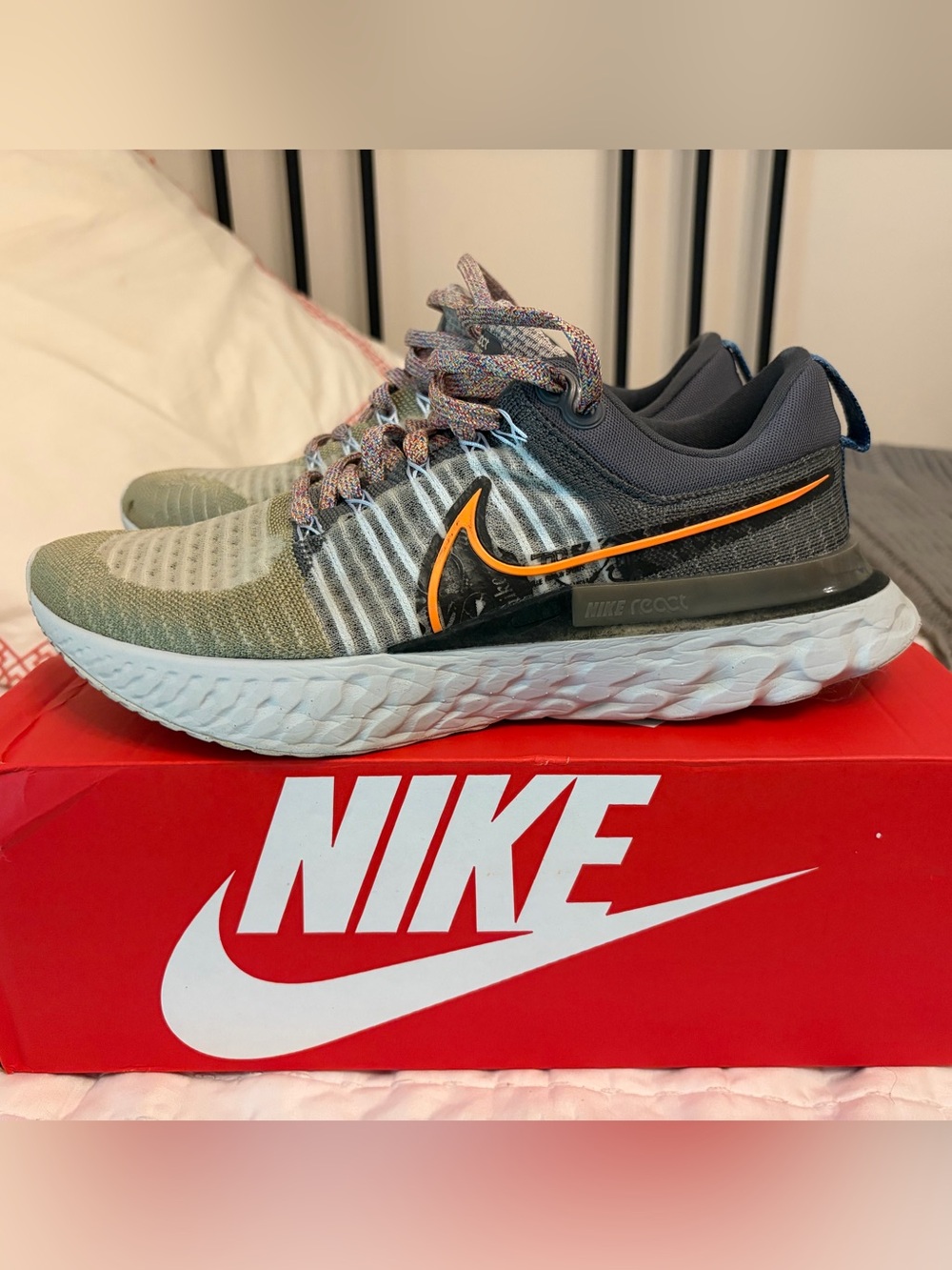 Nike React Infinity Knit Running Shoes - Olive Green with Black & Orange Swoosh
